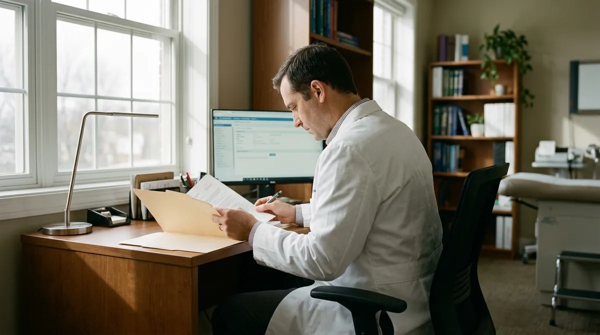 Praticien consultant un dossier patient dans son cabinet