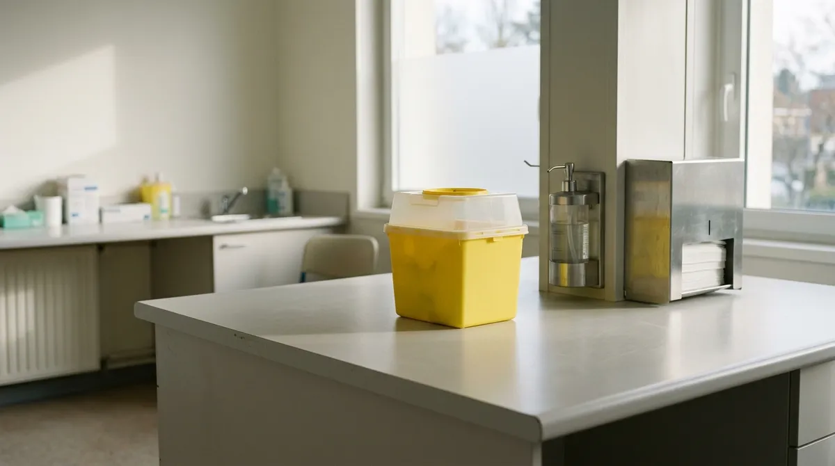 Collecteur DASRI et solution hydro-alcoolique sur la paillasse du cabinet